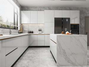 Ensemble de cuisine en forme de L SANTOPOVA moderne, blanc brillant, avec finitions en bois et appareils électroménagers intégrés - Product Image 4