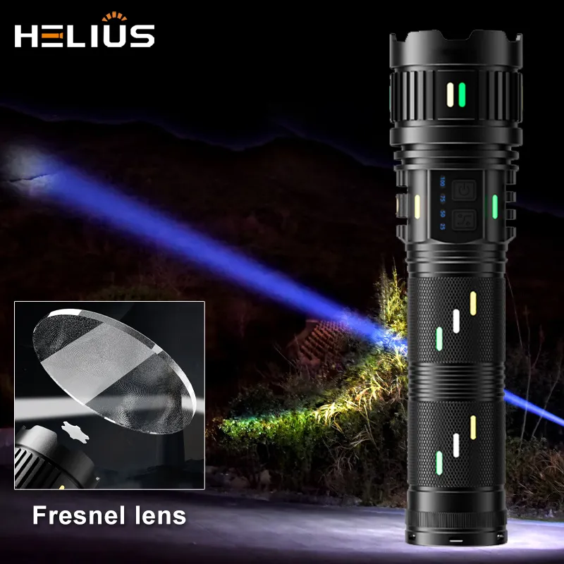 Helius 2024 Neueste Fresnel-Linse ultrahelles starkes Licht Langstrecken-Typ-C wiederaufladbare mobile Power Zoom-LED-Taschenlampe