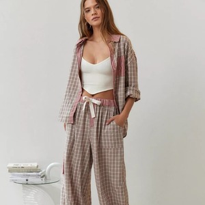 Hot Selling Design Primavera Casual Loungewear Camisa Calça Conjuntos de Correspondência Xadrez 2 Peças Pijama Sleepwear Terno - Product Image 1
