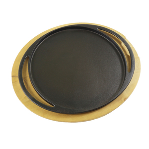 Durable Pre-seasoned Cast Iron Round <strong>Pan</strong> with Pine Tray Ideal for <strong>Grilling</strong> Serving Baking <strong>Pan</strong> - Product Image 3