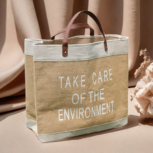 Sac à provisions personnalisé de 16 pouces en coton et lin sac fourre-tout de plage imperméable et réutilisable avec poignée en cuir sac à bandoulière pour femmes pour le voyage - Product Image 1