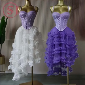 Ensemble 2 pièces tendance J10 pour <span class=keywords><strong>femme</strong></span> : haut corset asymétrique sans manches et jupe longue asymétrique à volants style gâteau pour l'été - Product Image 1