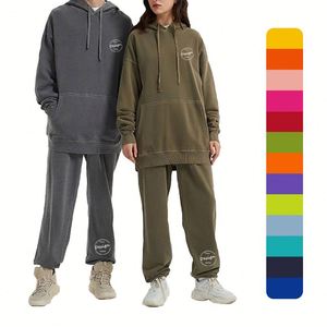 Ensemble de survêtement vintage décontracté gris uni en molleton bouclette pour femme, pull et pantalon de jogging, vente en gros - Product Image 1