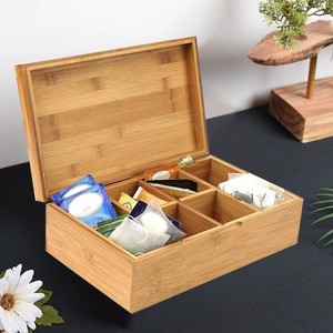 Boîte de rangement pour sachets de thé en bambou avec couvercle et compartiments, organiseur de dosettes de café, rangement de bureau, couleur bois naturel - Product Image 2