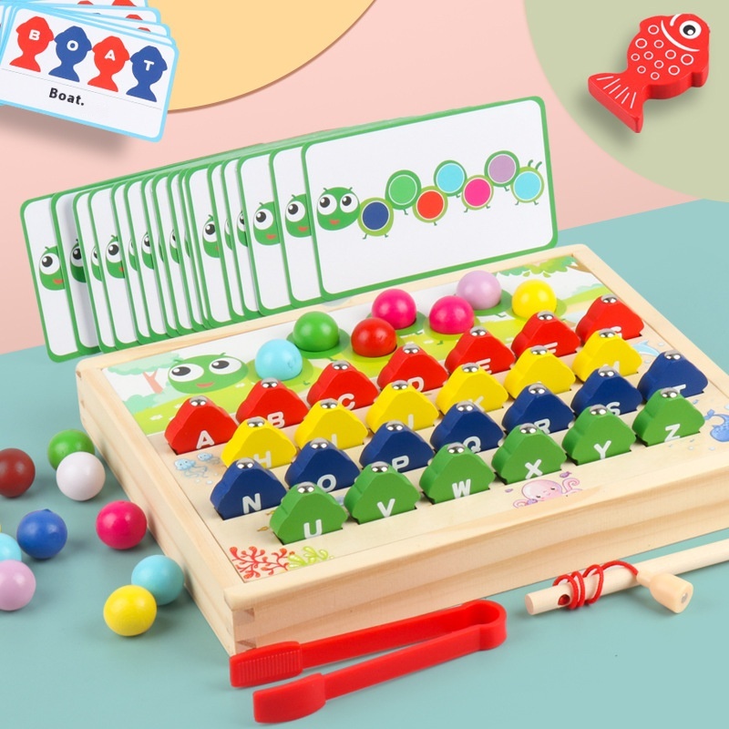 Children's Wooden Fishing Toy with Cognitive Cards Early Education Bead Clip & Alphabet Color for English Language Learning