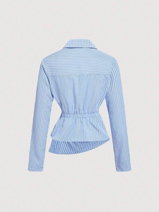Blusa Cruzada a Rayas Azules y Blancas para Mujer - Camisa con Cuello y Cintura Ajustada con Dobladillo Asimétrico a la Moda - Product Image 3