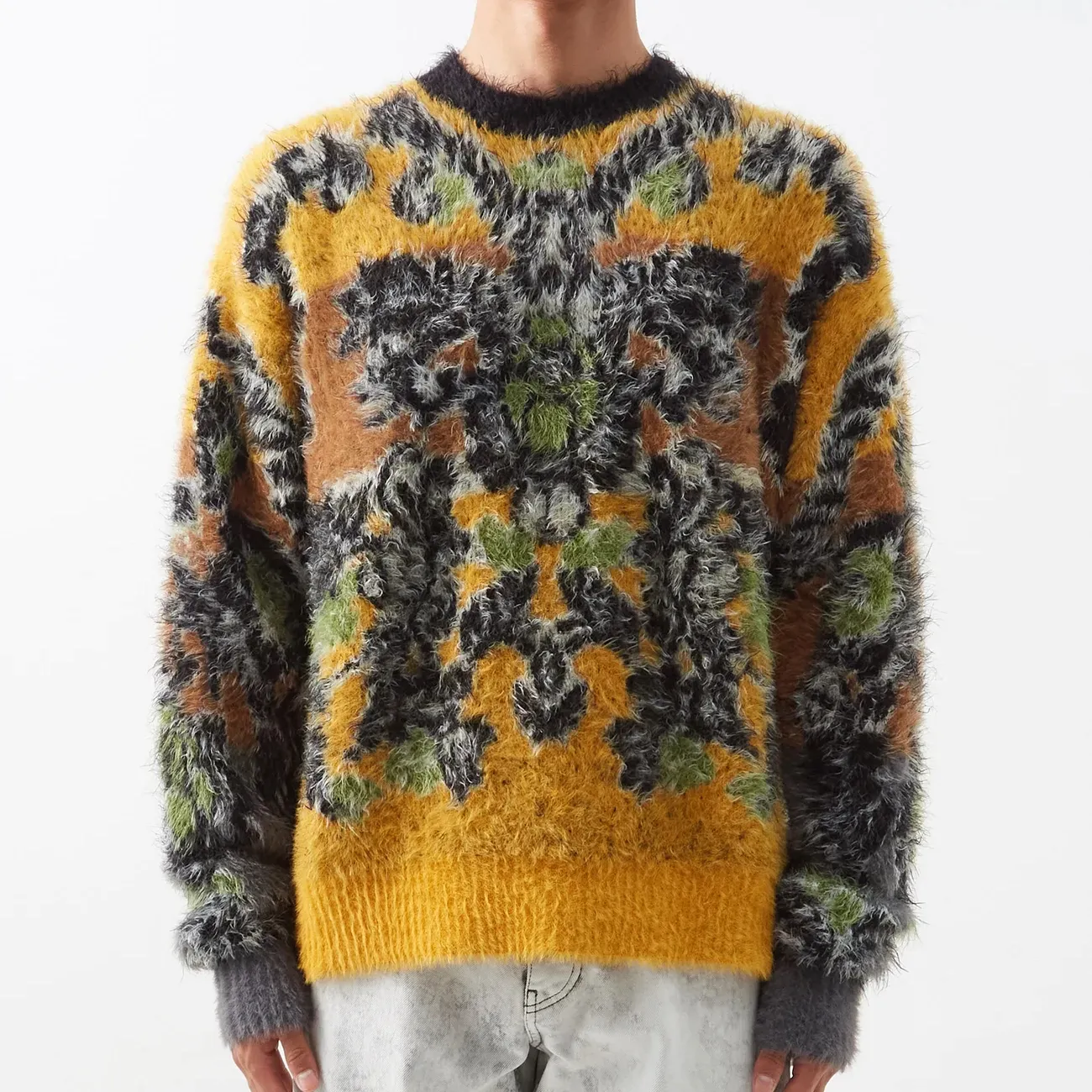 Suéter de punto de mohair personalizado para hombres, tejido de algodón con estampado aterciopelado