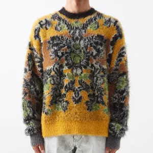 Senior Custom mohair Knitted flock printing Cotton Knitwear men Knitting fuzzy jacquard Sweater