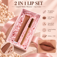 Pink Gift Private Label 2 in 1 Pensil Lip Liner Mousse Ringan Vegan Warna Nude Cokelat Set Kosmetik Lip Mud Matte Lembut Perlengkapan Makeup