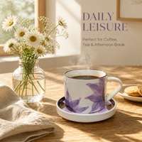 Ensemble tasse à café et soucoupe en porcelaine à motif floral violet, 270 ml, tasse à thé résistante aux aliments, passe au micro-ondes et au lave-vaisselle, pour la maison, le bureau, cadeau