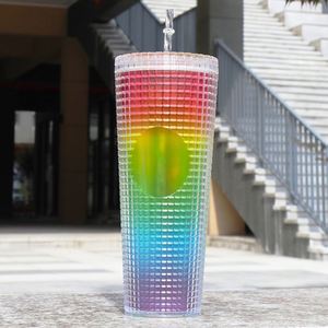 Double Wall Acrylic Water Bottle 710Ml Large Capacity Rainbow Laser <b>Cup</b> <b>Plastic</b> Party Tumbler With Straw - Product Image 5