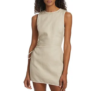 Women Custom Sleeveless Round Neck Pencil Casual Chic Lightweight Linen Cut Out Corded Mini Dress