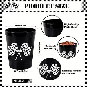 16oz Race Car Theme Party Cups with Straws - Black and White Checkered Flag <b>Plastic</b> <b>Drinkware</b> Set for Kids Birthday - Product Image 2