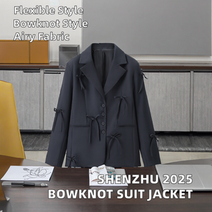 Blazer femme SHENZHU été 2025, col en V, 100% polyester, élégant, simple, polyvalent, décontracté, veste de costume à nœud papillon - Product Image 2