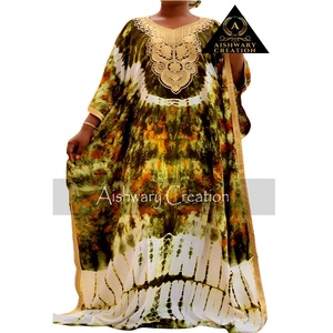 Boho Tie Dye Pure Silk Long <b>Kaftan</b> Fashionable Designer Lace Decorated Chiffon Export Quality Work Occasions OEM Wholesaler - Product Image 2