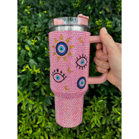 Gobelet isotherme personnalisé en acier inoxydable 40oz, anti-fuite, avec strass et motifs Yeux Maléfiques, avec paille
