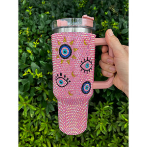 Bicchieri Termici Personalizzati in Acciaio Inox da 40oz con Cristalli e Strass, Isolamento Sottovuoto, Antigoccia, con Cannuccia e Decorazioni Occhio Malvagio - Product Image 2