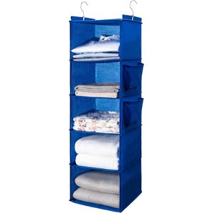 Hanging Closet Organizer 5 Tier With 2 Side Pockets Foldable Storage For Clothes And Towels Behind Door Use Blue - Product Image 1