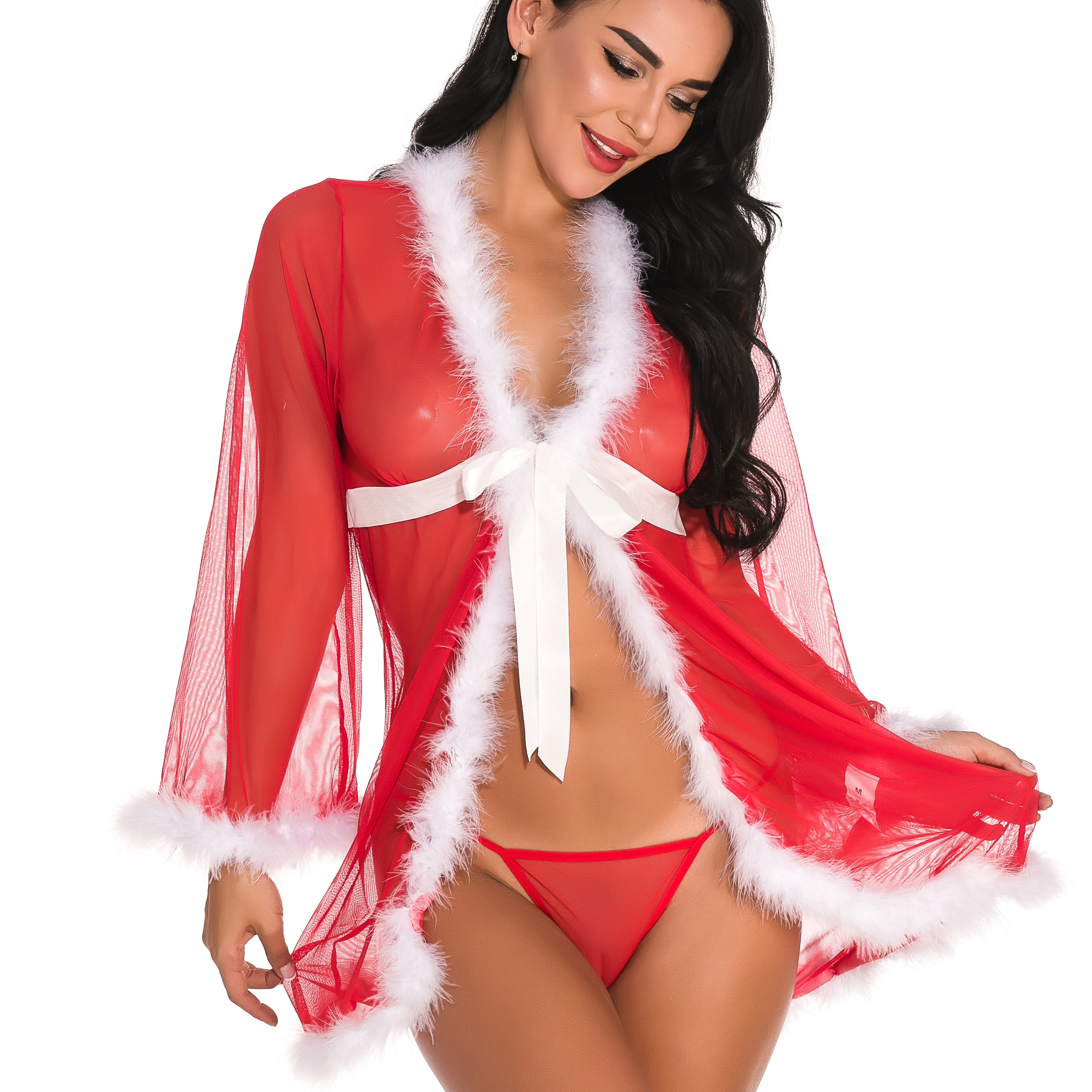 Sexy long sleeve cardigan kimono merry christmas sexy lingerie santa claus costume