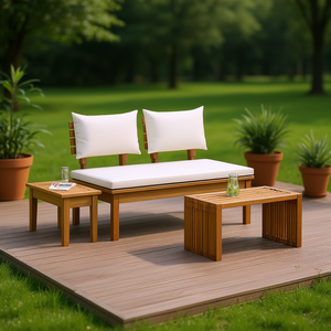 Banc de jardin 2 places en teck massif, couleur crème, mobilier de patio extérieur, design contemporain, style moderne durable - Product Image 2