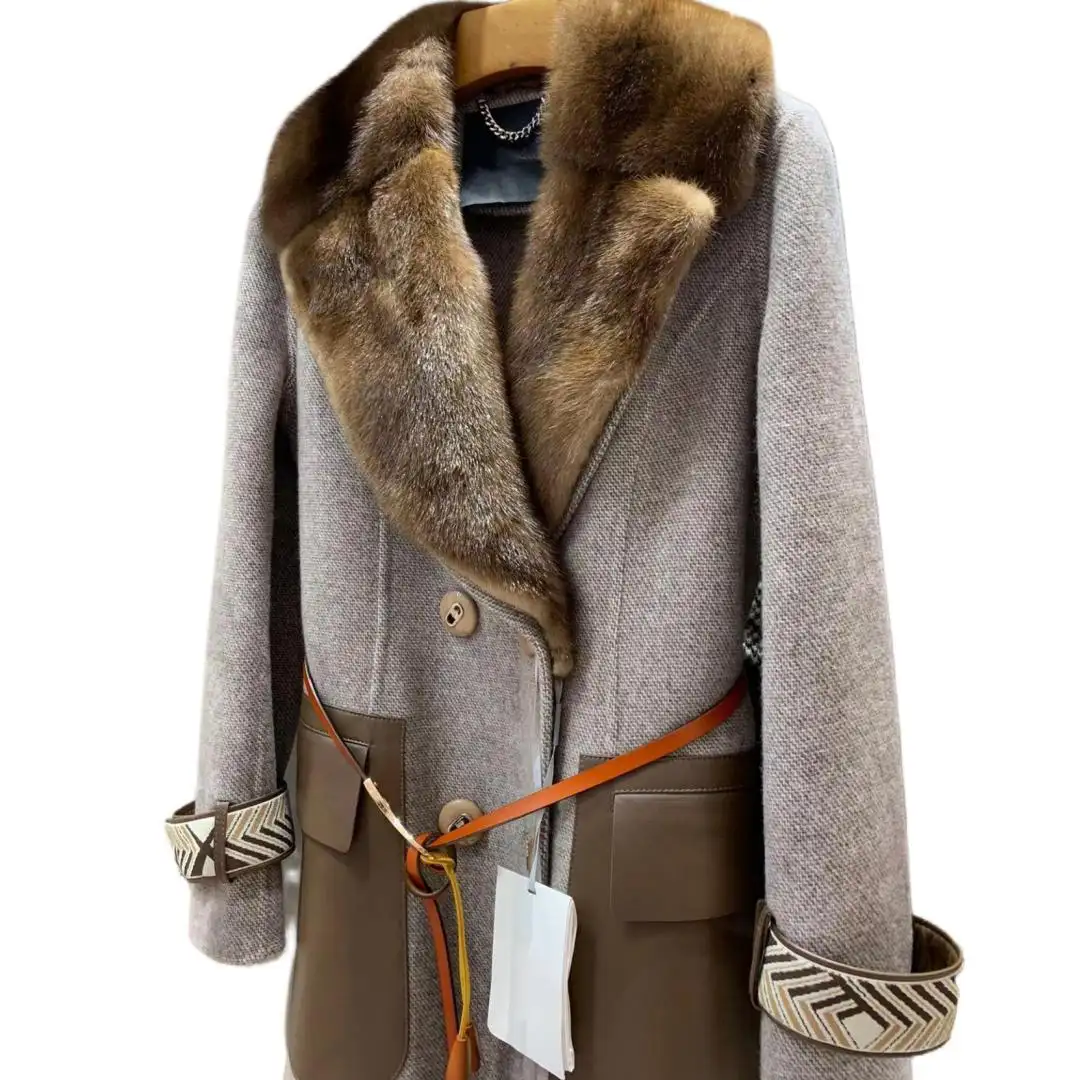 New 2022 Women Hooded Real Cashmere Coat Plush Real Mink Fur Collar Female Wool Coat