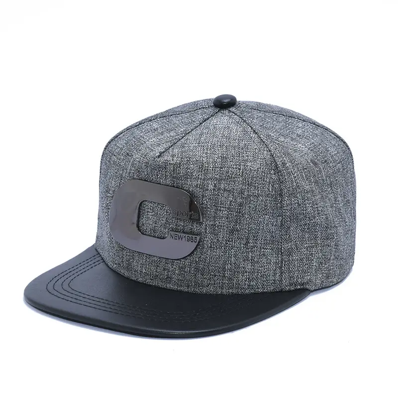 Outdoor 6 Panel Hüte Acryl Hip Hop Kappe Snapback Hut Metall Logo Leder Krempe Mode benutzer definierte Snap Back Hüte