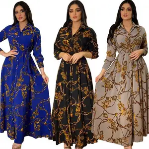 Mais recente Design Oriente Médio Vestido Muçulmano Indonésia Vintage Imprimir Grande Balanço Saia Camisa Vestido Elegante Luxo Casual Vestidos