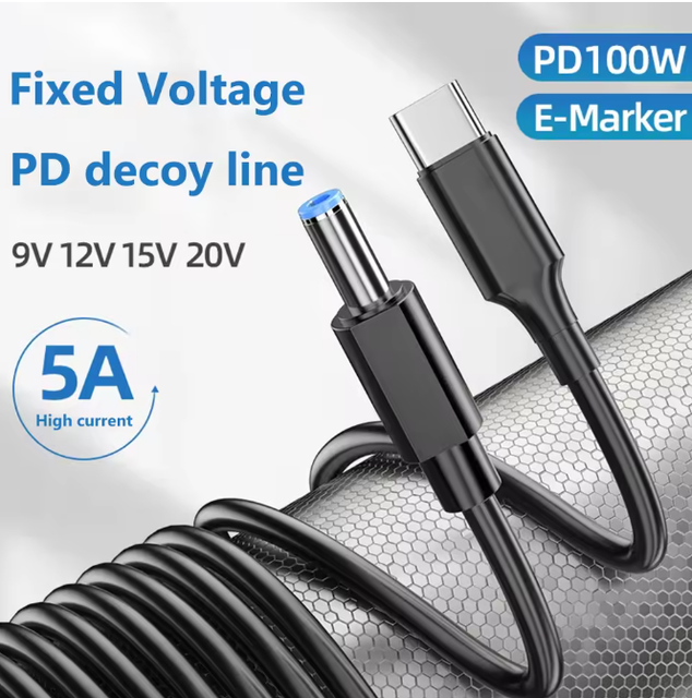 Type-C to DC5525 Male Charging Adapter 9V 12V 15V 20V PD100W Power Charger Cable E-Marker Chip 5.5x2.5mm for Speaker CCTV Camera