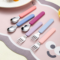 Vaisselle pour enfants en acier inoxydable avec manche plat en silicone, cuillère et fourchette, boîte de complément alimentaire pour bébé, couleur contrastée, vente en gros