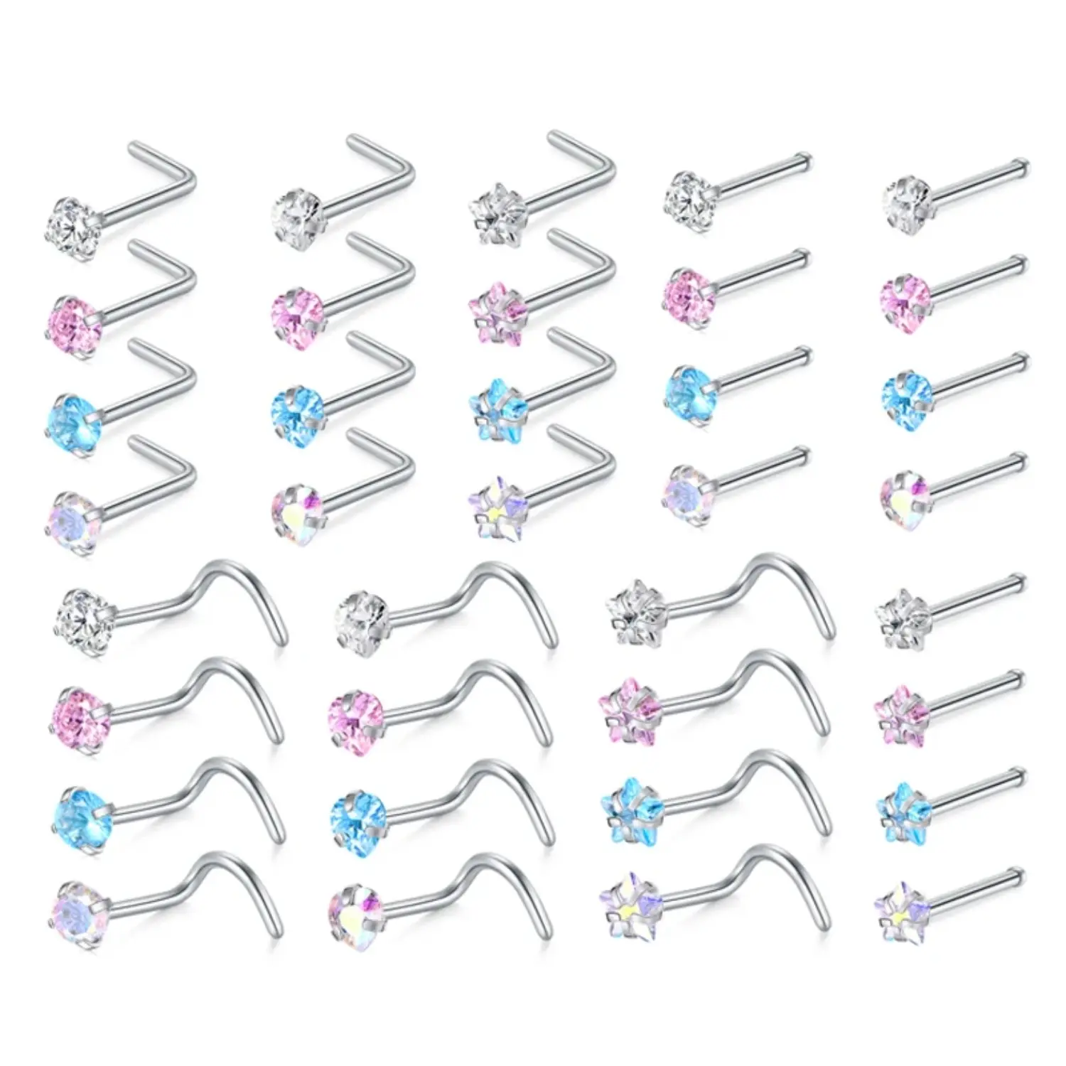 4 ชิ้น/เซ็ต 20g ศัลยกรรมสแตนเลสสตีลแหวนสตั๊ดเจาะกระดูกจมูก/รูปตัว L/สกรูจมูกแหวนชุด