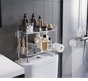 Étagère de rangement WC multifonctionnelle moderne à 2 niveaux, carrée, sans perçage, installation sans perçage, en fer, pour salle de bain - Product Image 3