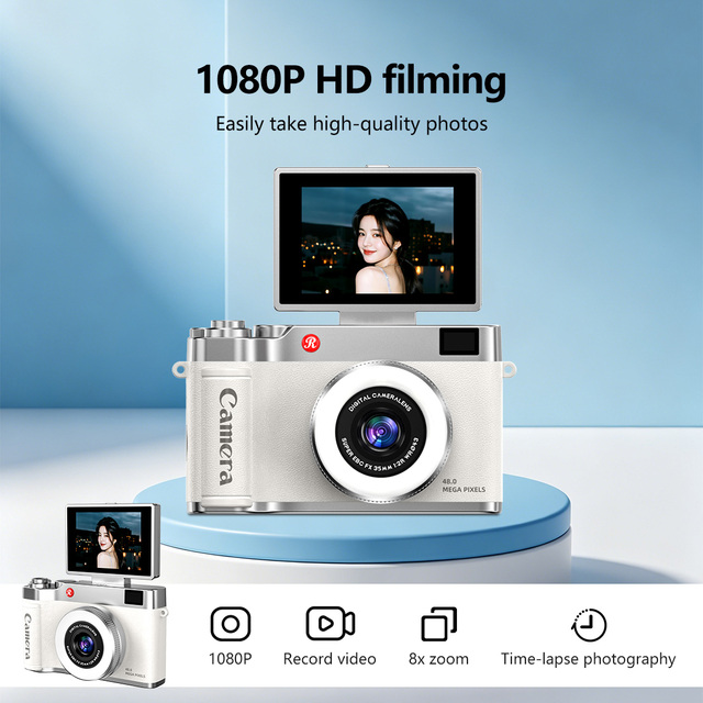 NEW Design 2.4-Inch IPS Screen 180 Flip Cover 8X Digital Zoom 48MP 4K Yellow Students Kids Selfie Vlogging RetroCamera Pk Lk007