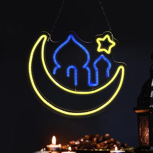 ป้ายไฟนีออนตกแต่งหน้าต่างรูป<span class=keywords><strong>ดาว</strong></span>พระจันทร์สำหรับเทศกาล Eid Mubarak ผนังห้องนอนห้องนั่งเล่นของตกแต่ง<span class=keywords><strong>เดือน</strong></span>รอมฎอน - Product Image 1