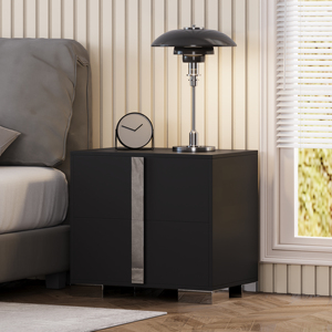 Modern Nightstand with Drawers Metal Foot Wood <b>Bedside</b> Table <b>Mirrored</b> Handles Sofa Side End Table - Product Image 4