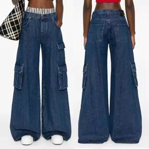 Nouveau design d'automne : Jean baggy pour femme, style streetwear hip-hop, 100% coton, délavé à l'acide, multi-poches, cargo, en denim. - Product Image 1