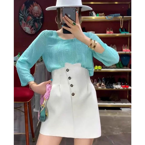 1354 Fashion Sweet Girl High Fold Waist Real Sheepskin Pouf Skirt Young Lady Genuine Leather Mini Short Skirt