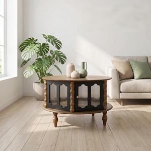 Mesa de Centro Redonda de Tres Puertas con Almacenamiento, Moderna, de Madera Enchapada, 31.5 Pulgadas, para Sala de Estar o Apartamento - Product Image 1