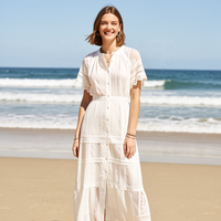 Robe midi en dentelle de coton blanc pour femme, boutonnée sur le devant, manches courtes, style bohème, robe d'été pour resort, fabricant OEM