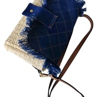 Tas Selempang Jerami Gaya Korea dengan Aksen Denim, Tas Tote Berumbai dengan Motif Diamond Lattice, Tas Anyaman Kasual untuk Liburan Wanita