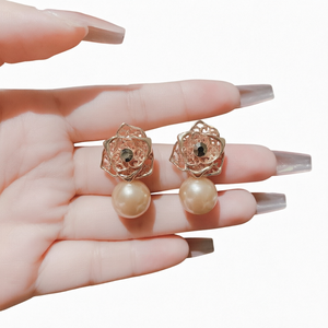 <b>Rose</b> <b>Gold</b> Flower <b>Stud</b> <b>Earrings</b> With Freshwater Pearl Drop Romantic Women's Jewelry Everyday Wear - Product Image 1