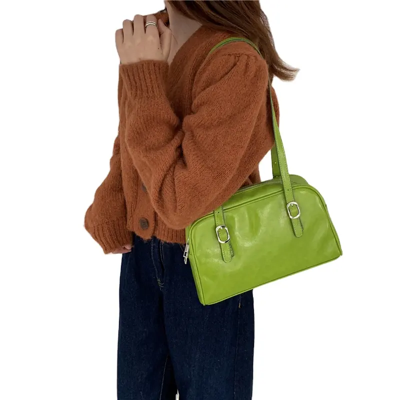 PU Fashion Green Leather Women Shoulder Bags Simple Design Solid Color Ladies Tote Handbag Vintage Black Female Underarm Bag