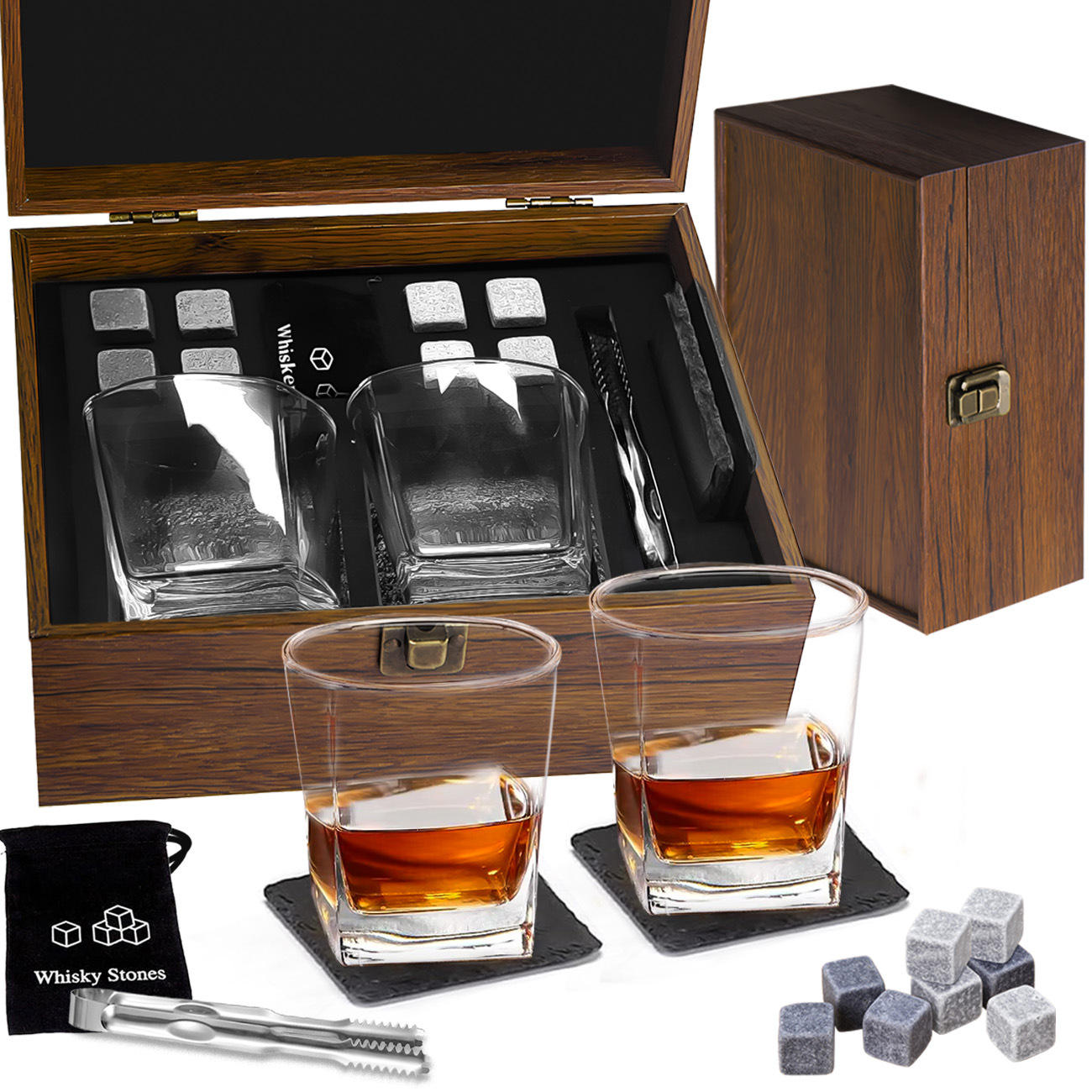 Boîte en séquoia 2 tasses 8 pierres (sous-verre en ardoise à tasse carrée)