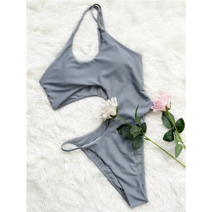 Traje de baño de un hombro para mujer Sexy ahueca hacia fuera traje de baño verano gris trajes de baño Playa nadar cintura alta una pieza - Product Image 5