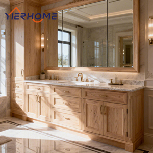 Meuble-lavabo double vasque moderne classique sur pied en bois massif, assemblage modulaire avec armoire miroir - Product Image 3