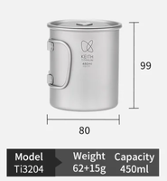 Mug en titane pur KEITH Ti3204 à paroi simple, 450 ml, avec poignée pliable, tasse à café avec couvercle, mug à eau en titane portable pour le camping en plein air
