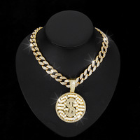 Pendentif en cristal avec logo de monnaie en dollar argenté et chaîne en alliage de zinc plaqué or, style punk, tendance, pour soirée