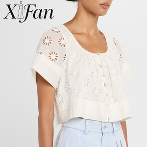 Blusa Corta de Verano para Mujer, Estilo Francés, con Cuello Cuadrado, Bordado Floral de Algodón, Corte Ajustado - Product Image 5