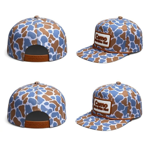 Gorra de béisbol de 5 paneles con parche de cuero, camuflaje, visera plana, lona personalizada, cierre snapback, cuerda, deportiva, para exteriores, elegante, hip hop, rendimiento, moda - Product Image 6