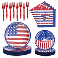 Ensemble de vaisselle jetable pour fête d'anniversaire avec drapeau américain du 4 juillet, comprenant 129 pièces : assiettes en papier, nappe et décorations pour l'emplacement de la fête