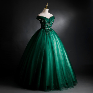 Green Off The Shoulder Evening Gown Empire Waist Tulle Formal Dress For Wedding Party Annual Meeting Women - Product Image 3